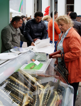 Ярмарка дагестанской продукции на ВВЦ. Прилавок с осетриной. Москва, 31 августа 2013 г. Фото Натальи Крайновой для "Кавказского узла"
