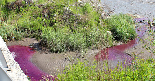 Красноватый оттенок придала реке вода сиреневого цвета, лившаяся в Терек из трубы в районе Красногвардейского моста/ Фото Эммы Марзоевой для "Кавказского узла"