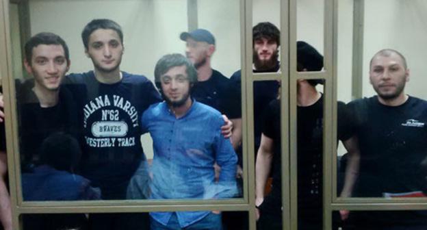 Обвиняемые по делу о халифате Ислам Шогенов, Кантемир Желдашев, Руслан Кипшиев, Заур Текужев, Руслан Жугов, Олег Мисхожев и Артур Каров (слева направо). Фото предоставлено Рамзаном Узуевым для "Кавказского узла"