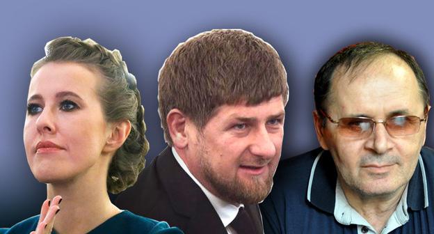 Ксения Собчак, Рамзан Кадыров и Оюб Титиев (слева направо). Коллаж "Кавказского узла", Фото: REUTERS/Maxim Shemetov, REUTERS/Sergei Karpukhin, Мария Шищенкова Пресс-служба ПЦ Мемориал