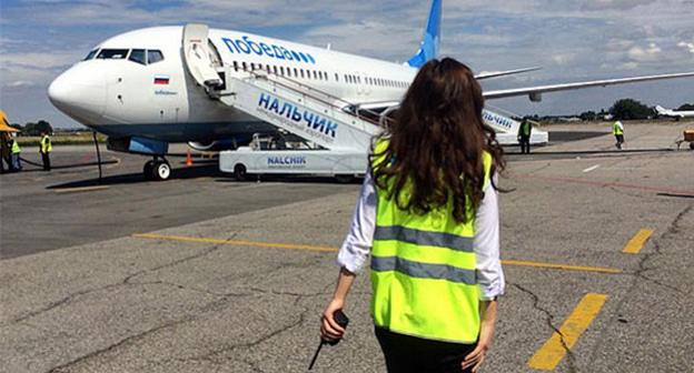 Самолйт компании "Победа" в аэропорту Нальчика. Фото http://nalchik-airport.ru/ob-ayeroporte/fotogalereya/