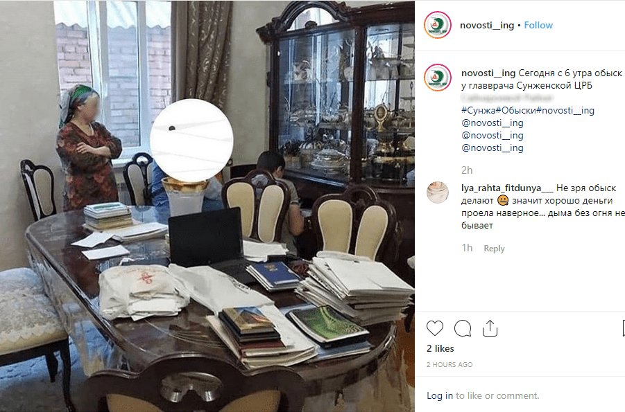 Скриншот публикации об обысках в доме главврача Сунженской райбольницы 29 августа 2019 года, https://www.instagram.com/p/B1v2ZUSnN8D/?utm_source=ig_embed