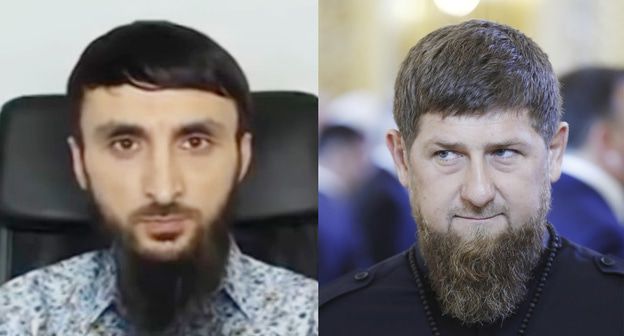 Тумсо Абдурахманов (слева) и Рамзан Кадыров. Коллаж "Кавказского узла". Скриншот пользователя ABU-SADDAM SHISHANI https://www.youtube.com/watch?v=LTbsDJBZa0I Sputnik/Mikhail Metzel/Pool via REUTERS 
