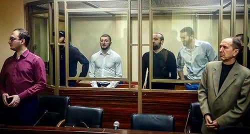 Фигуранты дела о подготовке теракта у московского посольства Франции (слева направо): Саламхан Сампиев, Руслан Эсмурзиев, Магомед Аматханов, Эльберт Харсиев. Фото Константина Волгина для "Кавказского узла"