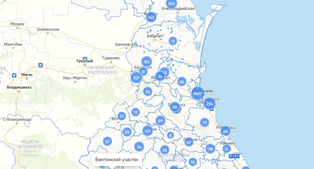 скриншот карты распространения коронавируса в Дагестане https://mydagestan.e-dag.ru