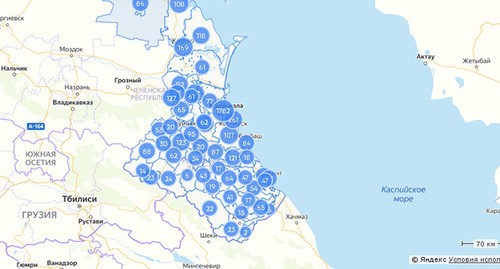 Карта количества заболевших коронавирусом в городах и районах Махачкалы. Скриншот https://mydagestan.e-dag.ru/