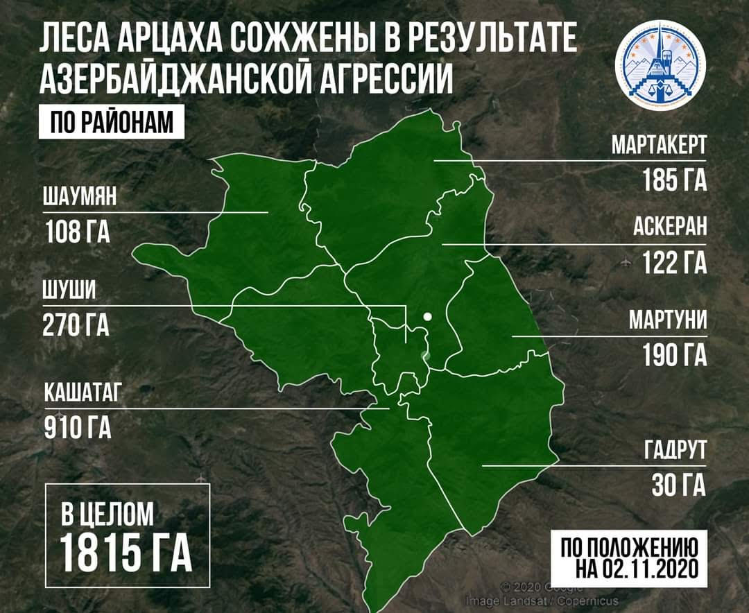 Данные омбудсмена Армении о лесах, сгоревших в Нагорном Карабахе с 27 сентября по 2 ноября 2020 года.