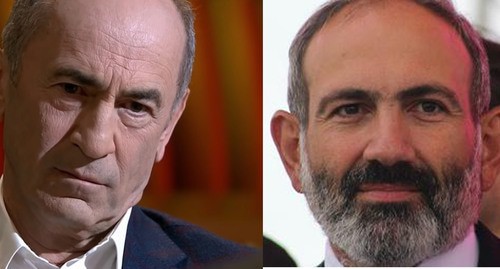 Роберт Кочарян (слева) и Никол Пашинян. Коллаж "Кавказского узла" Скриншот видео "Первый канал
" https://www.youtube.com/watch?v=VmfxRpk0jXI Фото Тиграна Петросяна для "Кавказского узла"
