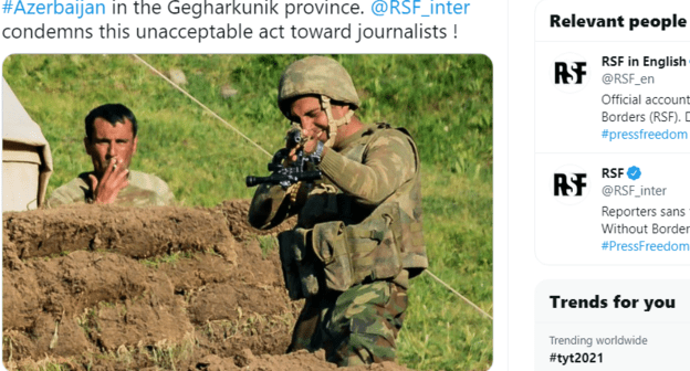 Скриншот публикации "Репортеров без границ" об инциденте на армяно-азербайджанской границе 15 июня 2021 года, https://twitter.com/RSF_en/status/1407747497863307266