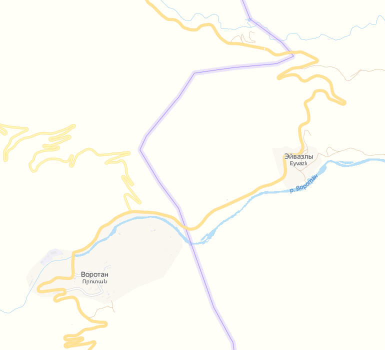 Участок трассы "Горис - Капан". Фиолетовой линией обозначена граница между Армений и Азербайджаном. Скриншот карты на сервисе "Яндекс.Карты", https://yandex.ru/maps/?ll=46.399689%2C39.428172&z=14.19