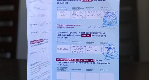 Сертификат  о вакцинации.  Фото Нины Тумановой для "Кавказского узла"