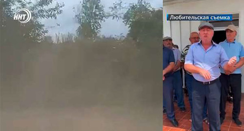 Жители Белиджи. Слева - пыль от грузовиков, которые перевозят песок через поселок. Скриншот видео https://nnttv.ru/news/zhiteli-posyolka-belidzhi-trebuyut-vstrechi-s-serg