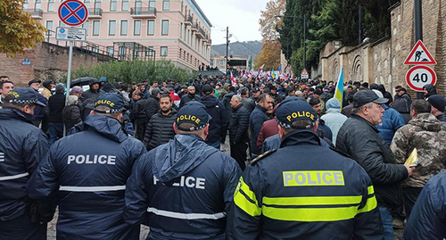 Сотрудники полиции возле участников акции. Фото: https://www.dw.com/ru/v-tbilisi-proizosli-stycki-izza-zakonoproektov-ob-inoagentah/a-64870127