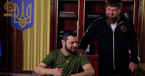 Блогер Макс КомикадZе (слева) и Рамзан Кадыров в одном из кадров пародийных видеороликов о президенте Украины Владимире Зеленском. Скриншот видео Телеграм-канал Kadyrov_95