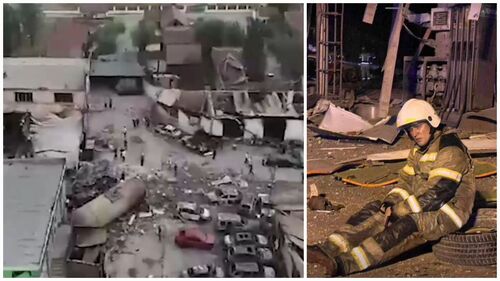 Коллаж "Кавказского узла”. 
Стопкадр видеосъемки дрона, пролетающего над местом взрывов https://t.me/sapakavkaz/754
На месте взрыва на АЗС в Махачкале. Стоп-кадр из видео https://www.youtube.com/watch?v=klV0gky9fjE