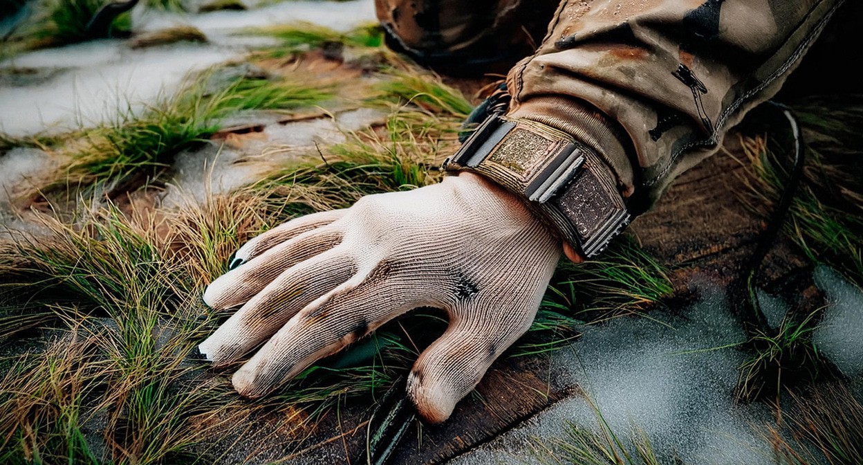 Рука военного. Иллюстрация создана «Кавказским узлом» с помощью ИИ в программе Photoshop
