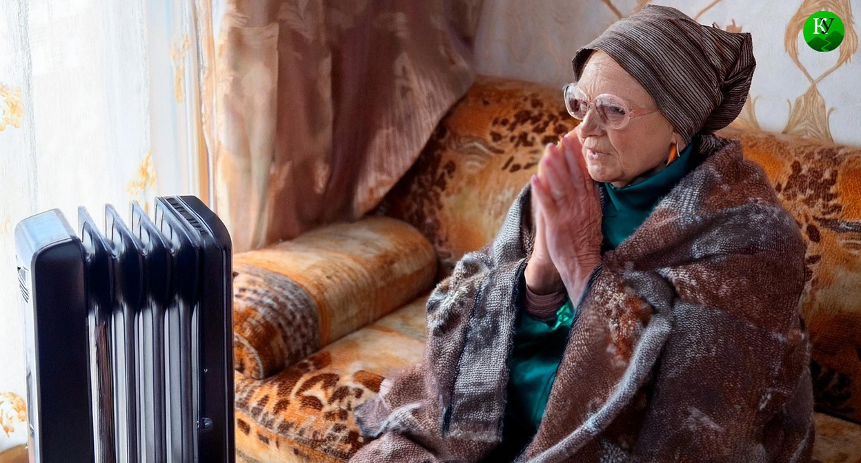 Пенсионерка у обогревателя. Иллюстрация создана "Кавказским узлом" с помощью ИИ в программе Photoshop

