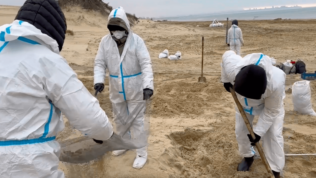 Уборка выбросов мазута на пляже. Скриншот видео 
 t.me/opershtab23