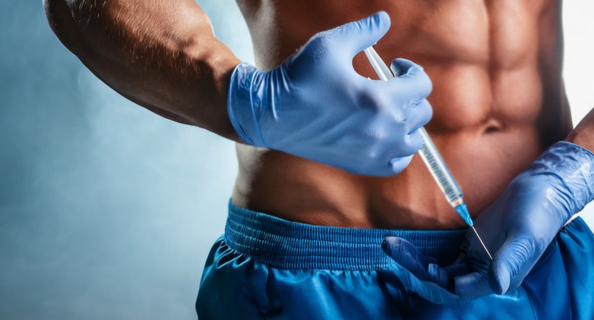 Спортсмен со шприцом. Иллюстрация создана "Кавказским узло" с помощью ИИ в программе Photoshop