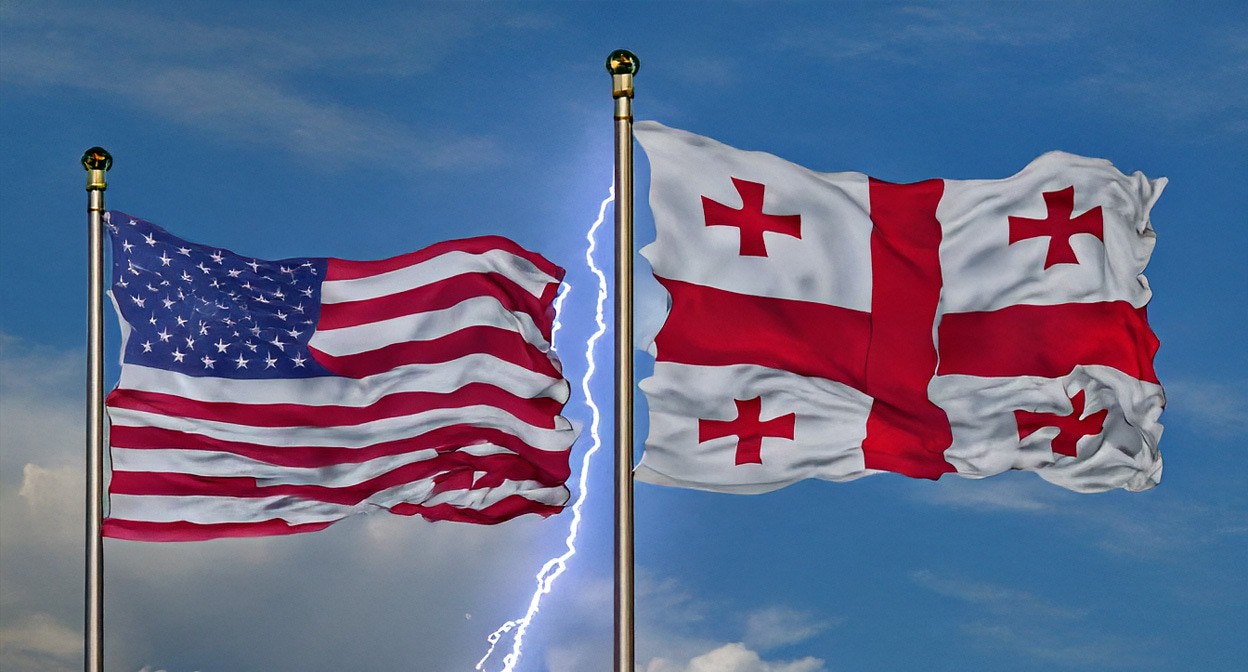Флаги Грузии и США. Иллюстрация создана «Кавказским узлом» с помощью ИИ в программе Photoshop