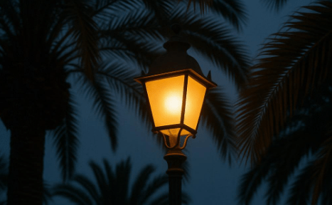 Фонарь среди пальм. Изображение создано ИИ в программе Copilot по запросу "Кавказского узла".