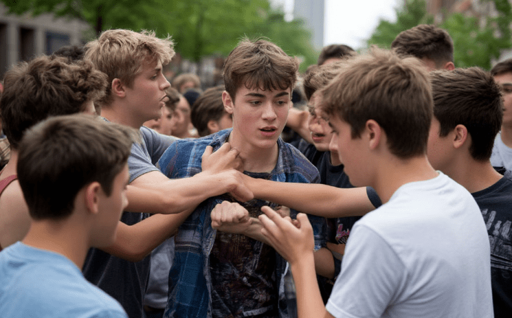 Драка подростков. Изображение сгенерировано при помощи ИИ по запросу "Кавказского узла" в программе "Шедеврум".

