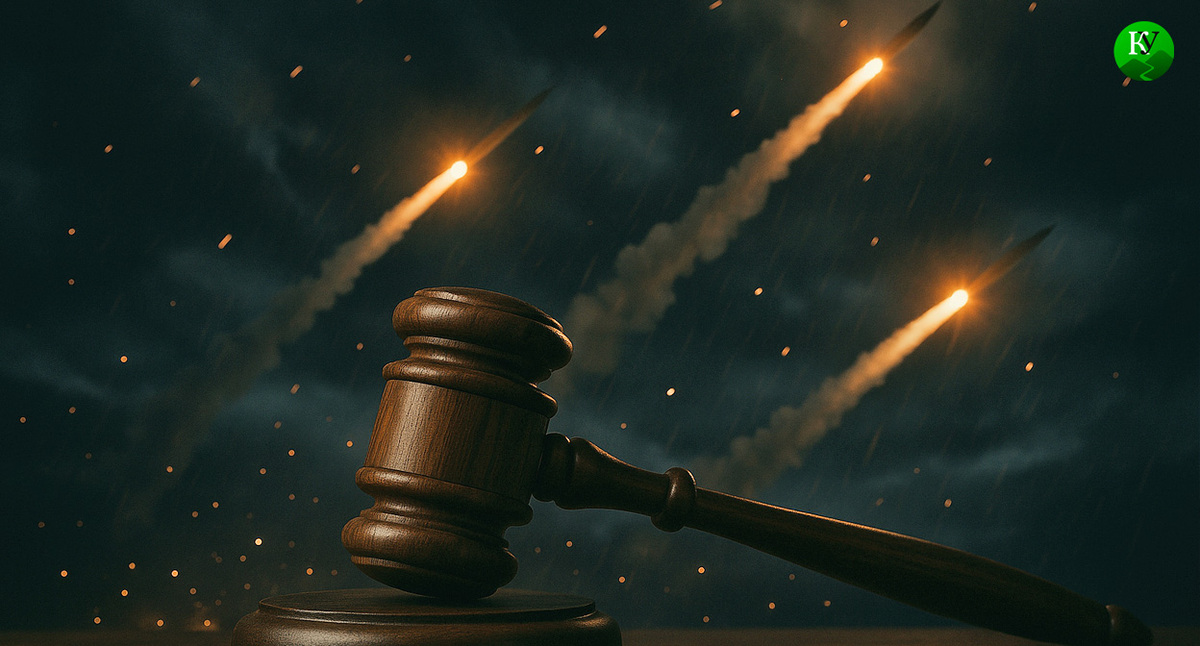 Молоток судьи и ракетный обстрел. Иллюстрация создана «Кавказским узлом» с помощью ИИ в программе Copilot