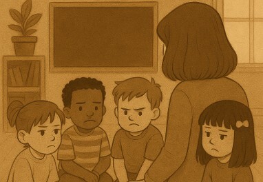 Воспитательница и группа детей. Иллюстрация создана "Кавказским узлом" с помощью ИИ в программе Copilot.