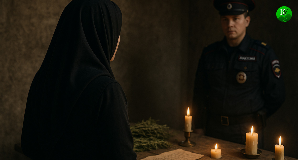 Оккультные услуги и полицейский. Иллюстрация создана «Кавказским узлом» с помощью ИИ в программе Copilot