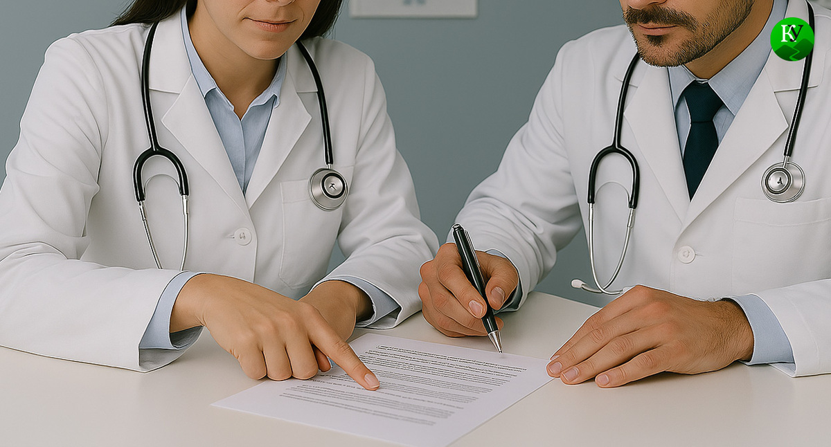 Врач пишет заявление о выплате. Иллюстрация создана «Кавказским узлом» с помощью ИИ в программе Copilot