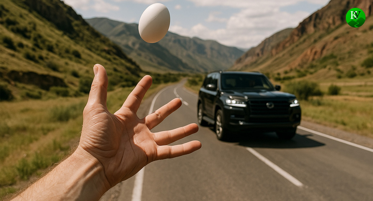 Мужчина кидает яйцо в машину. Иллюстрация создана «Кавказским узлом» с помощью ИИ в программе Copilot