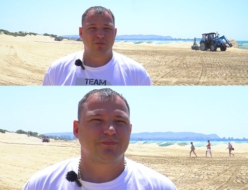 Спецтехника и отдыхающие люди на месте демонтажа защитного вала в Анапе. На переднем плане - директор ООО «Курорты Анапы» Николай Заливин. Кадры видеоролика оперштаба Кубани, коллаж "Кавказского узла".