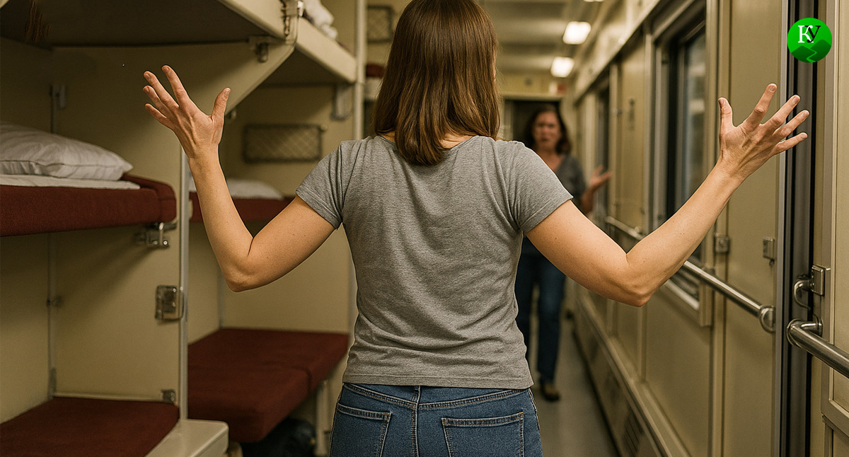 Женщина спорит в поезде. Иллюстрация создана «Кавказским узлом» с помощью ИИ в программе Copilot
