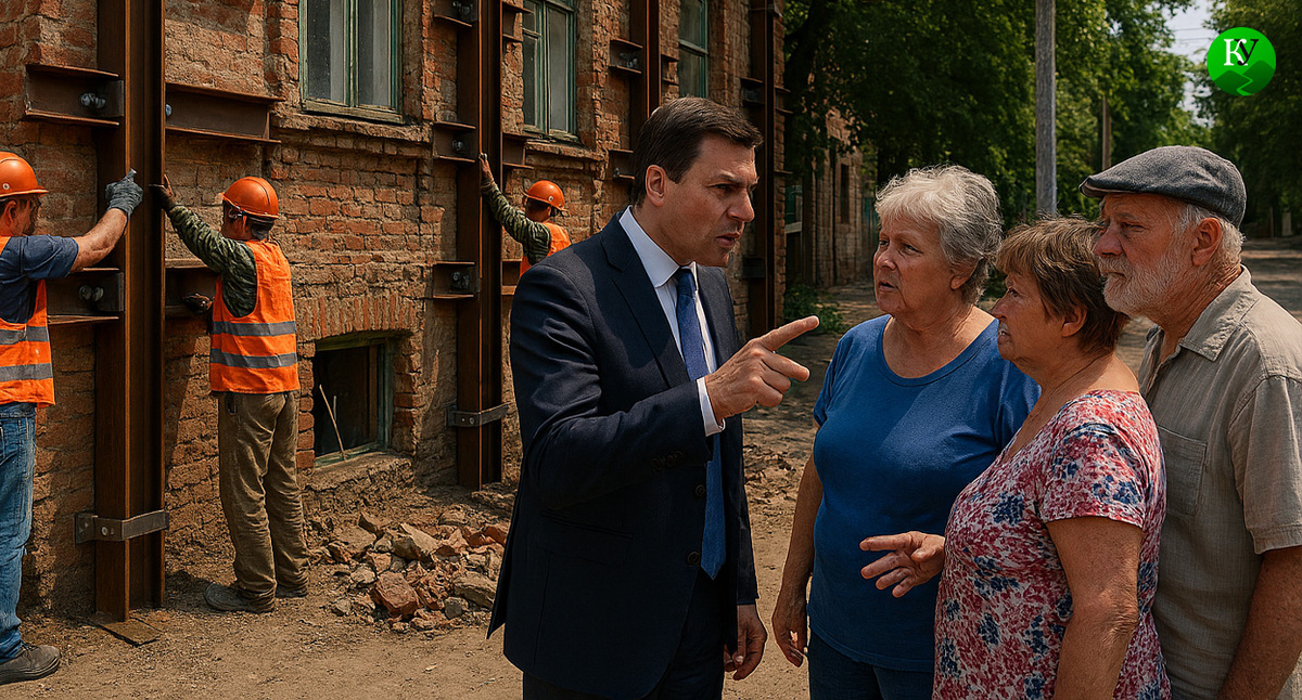 Чиновник и жители у аварийного дома. Иллюстрация создана "Кавказским узлом" с помощью ИИ в программе Copilot