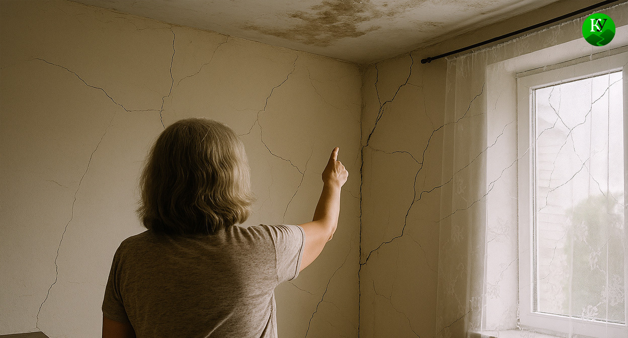 Женщина в аварийном доме. Иллюстрация создана «Кавказским узлом» с помощью ИИ в программе Copilot