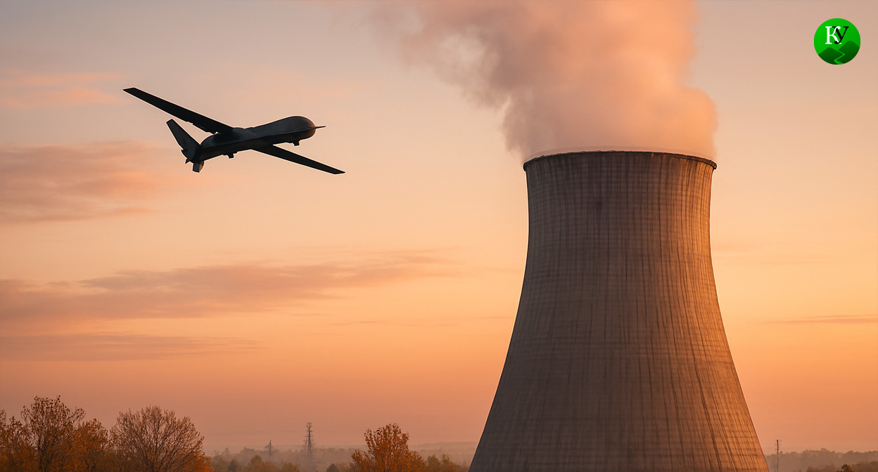 БПЛА на фоне градирни. Иллюстрация создана "Кавказским узлом" с помощью ИИ в программе Copilot