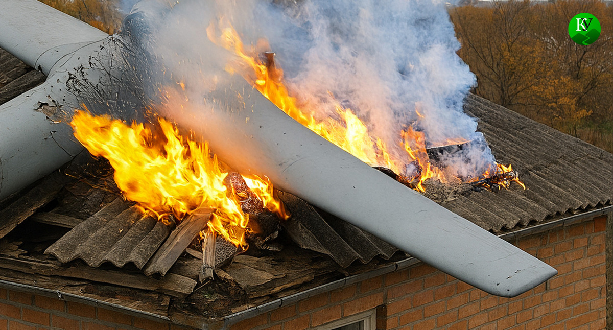 БПЛА повредил крышу дома. Иллюстрация создана «Кавказским узлом» с помощью ИИ в программе Copilot