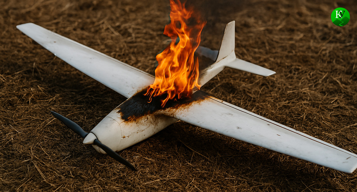 Горящий БПЛА. Иллюстрация создана "Кавказским узлом" с помощью ИИ в программе Copilot