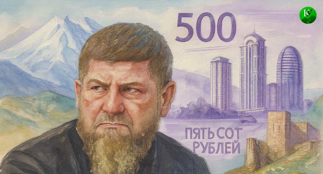 Kadyrov, Elbrus, Derbent Fortress, 500 rubles. Illustration created by the "Caucasian Knot" using AI in the Copilot program.