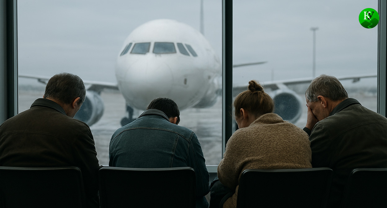 Пассажиры ждут вылета. Иллюстрация создана «Кавказским узлом» с помощью ИИ в программе Copilot