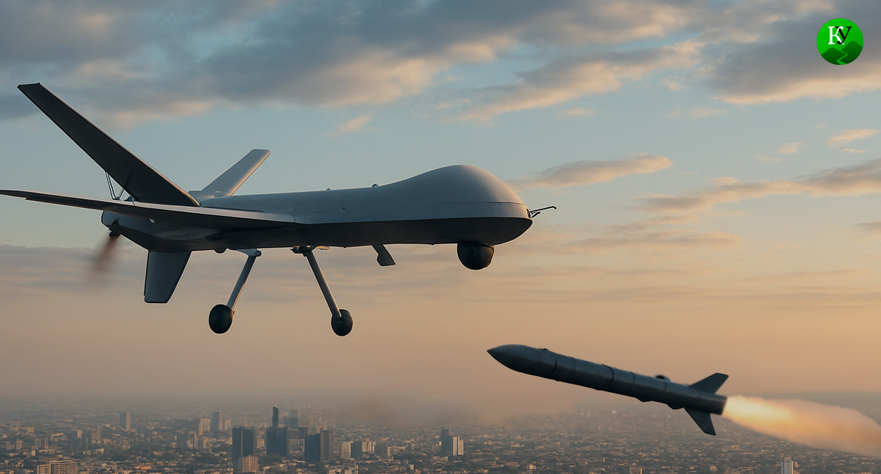БПЛА и ракета. Иллюстрация создана «Кавказским узлом» с помощью ИИ в программе Copilot