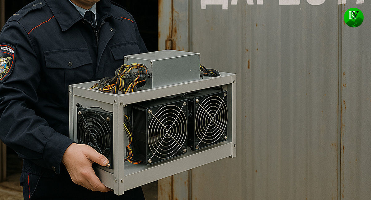 Полицейский несет оборудование для майнинга. Иллюстрация создана «Кавказским узлом» с помощью ИИ в программе Copilot