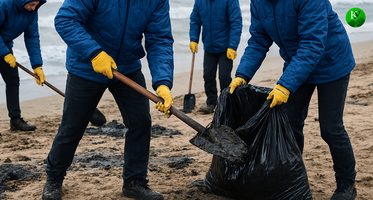Волонтеры убирают загрязнение. Иллюстрация создана «Кавказским узлом» с помощью ИИ в программе Copilot