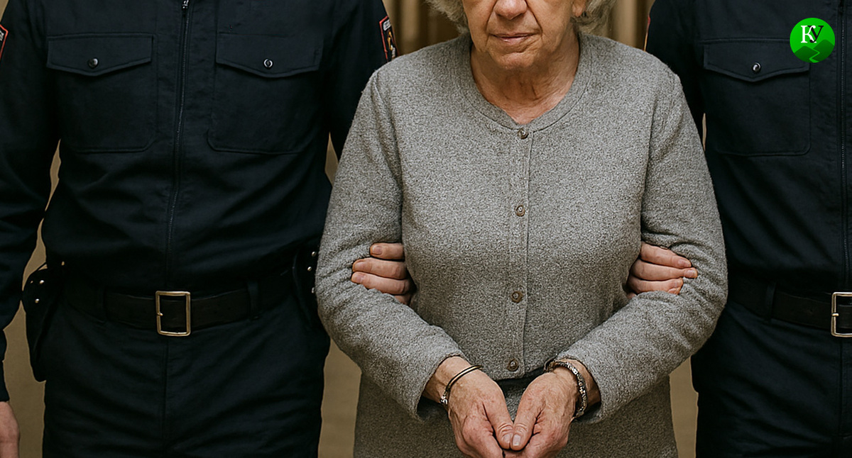 Силовики ведут пенсионерку. Иллюстрация создана «Кавказским узлом» с помощью ИИ в программе Copilot