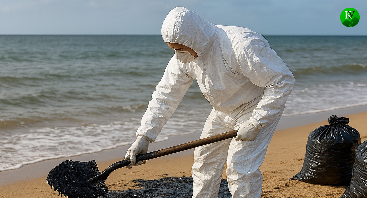 Уборка мазута. Иллюстрация создана «Кавказским узлом» с помощью ИИ в программе Copilot