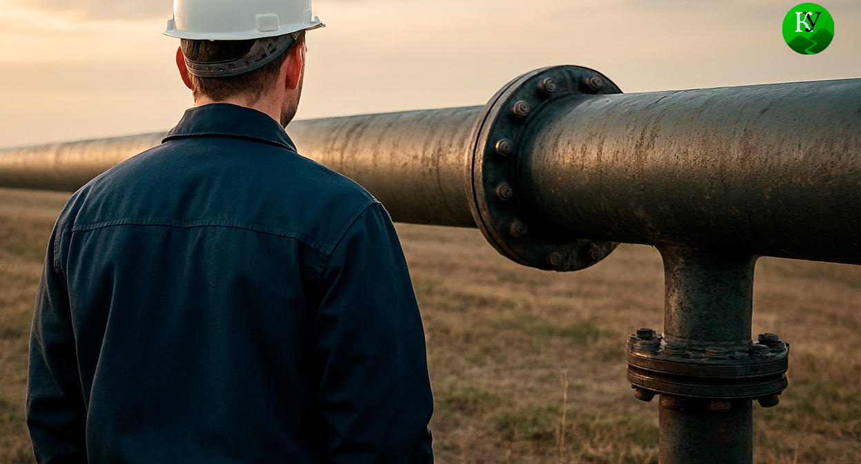Рабочий обнаружил врезку на нефтепроводе. Иллюстрация создана «Кавказским узлом» с помощью ИИ в программе Copilot