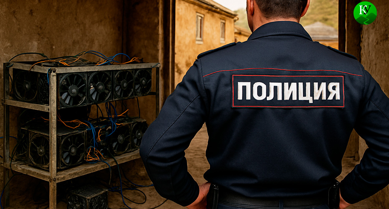 Полицейский и майнинг ферма. Иллюстрация создана «Кавказским узлом» с помощью ИИ в программе Copilot