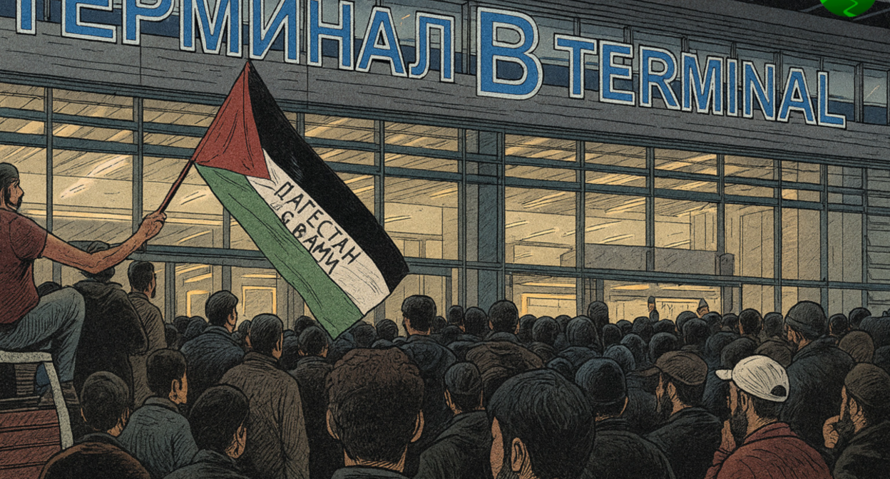 Беспорядки в аэропорту Махачкалы. Фото создано "Кавказским узлом" с помощью ИИ в программе Copilot