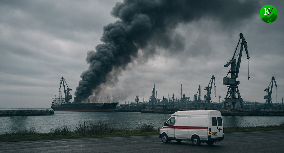 Пожар в терминале в порту. Иллюстрация создана «Кавказским узлом» с помощью ИИ в программе Copilot