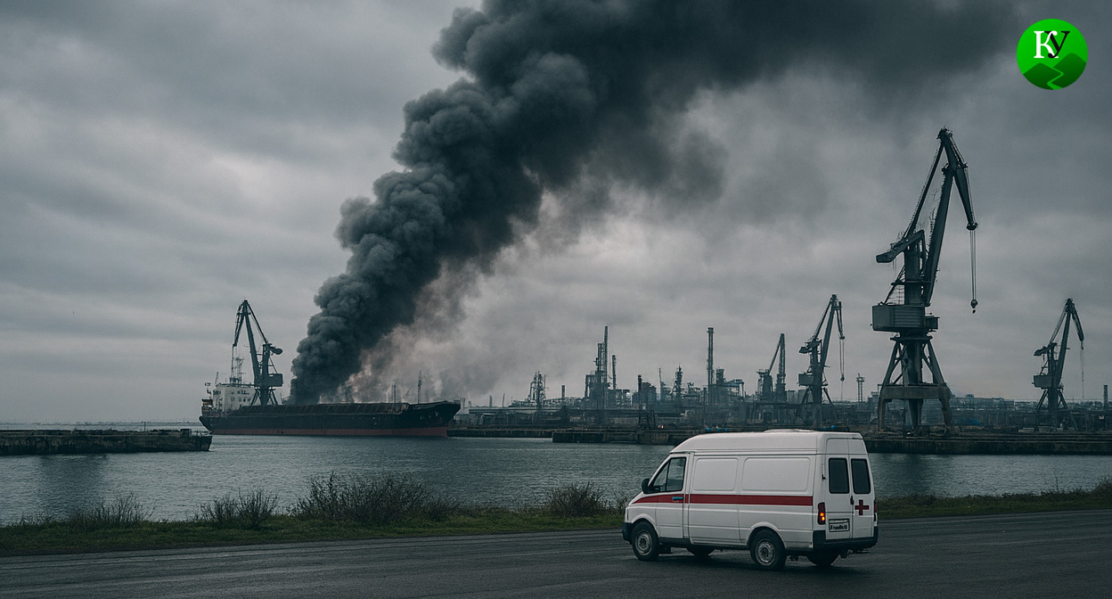 Пожар в терминале в порту. Иллюстрация создана «Кавказским узлом» с помощью ИИ в программе Copilot